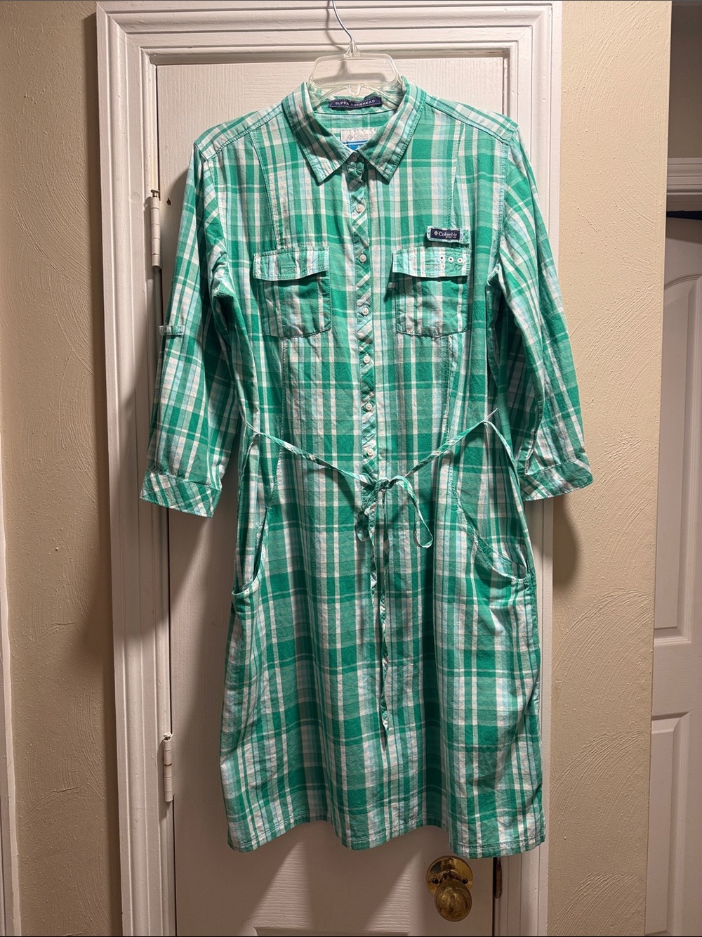 Columbia Green and White Plaid Button-Front Shirt Dress